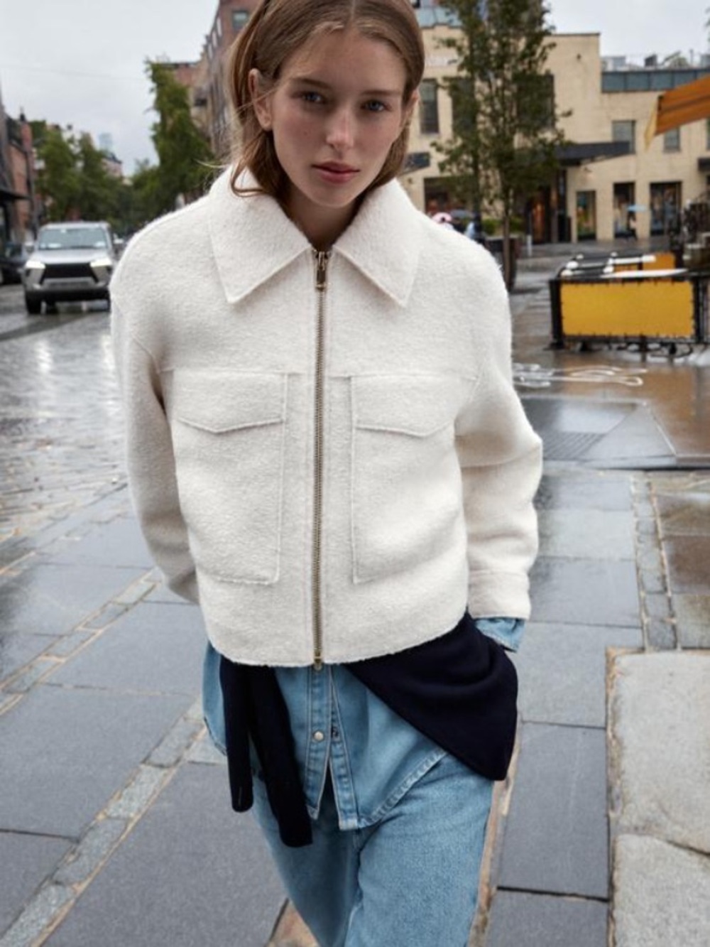 Zara Ecru Bouclé Zip Jacket with Patch Pockets